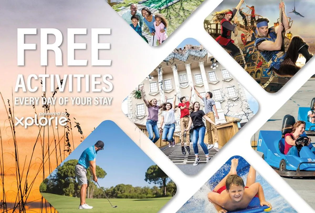 Families and groups are seen enjoying a variety of activities, including golfing, water sports, and themed performances, all with joyful expressions. The image conveys a vibrant, adventurous mood and highlights the diversity of local attractions.